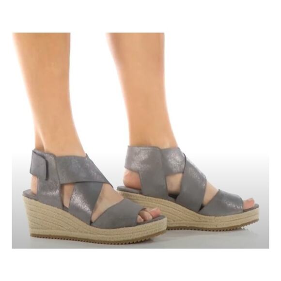 EILEEN FISHER Willow Wedge Sandals Size 8 Pewter Metallic Suede Jute Espadrille - Picture 1 of 9